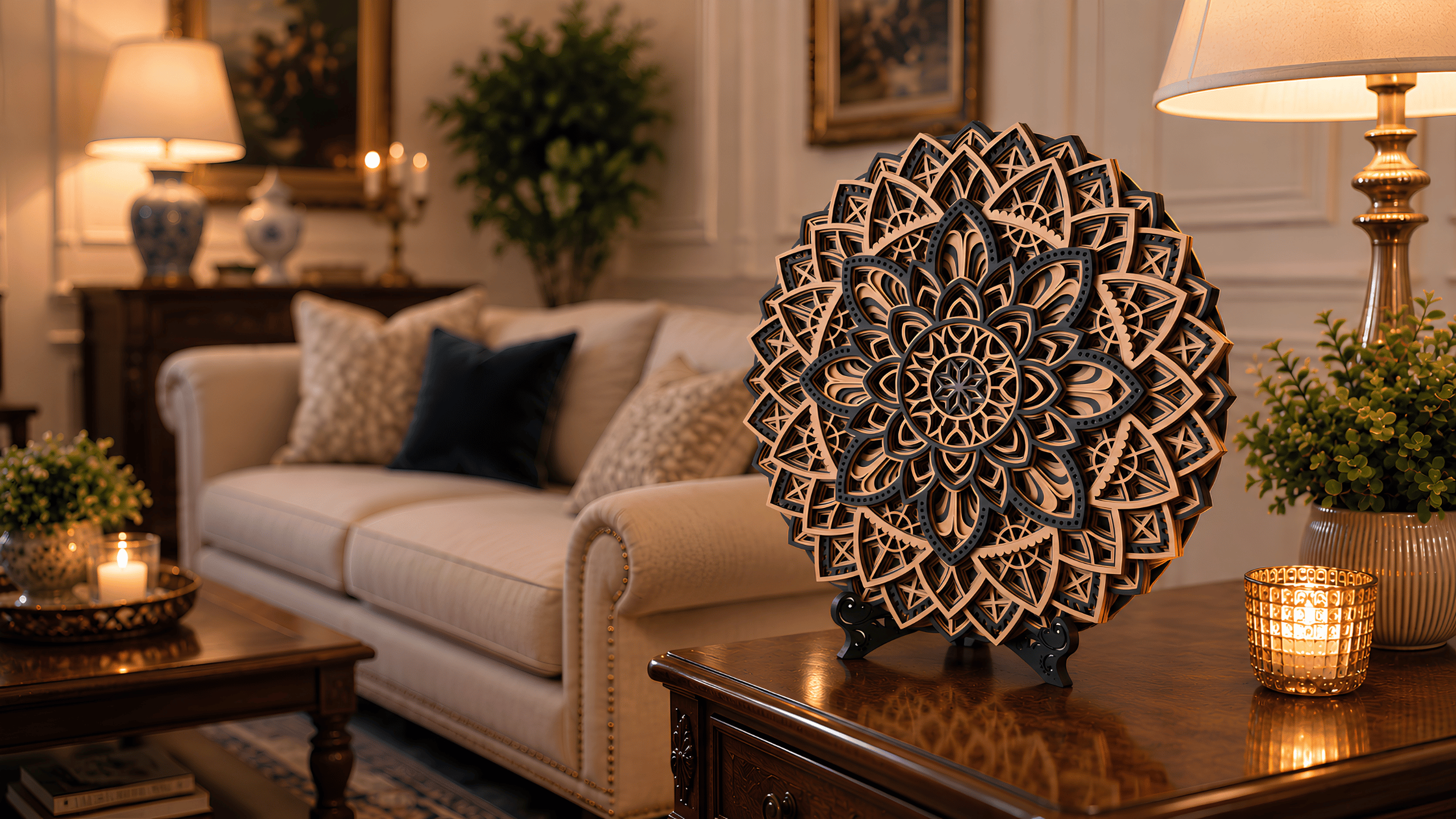 Layered wood artwork in a modern interior