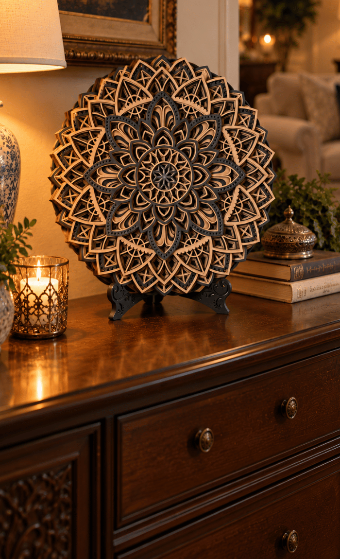 Layered wood artwork in a modern interior